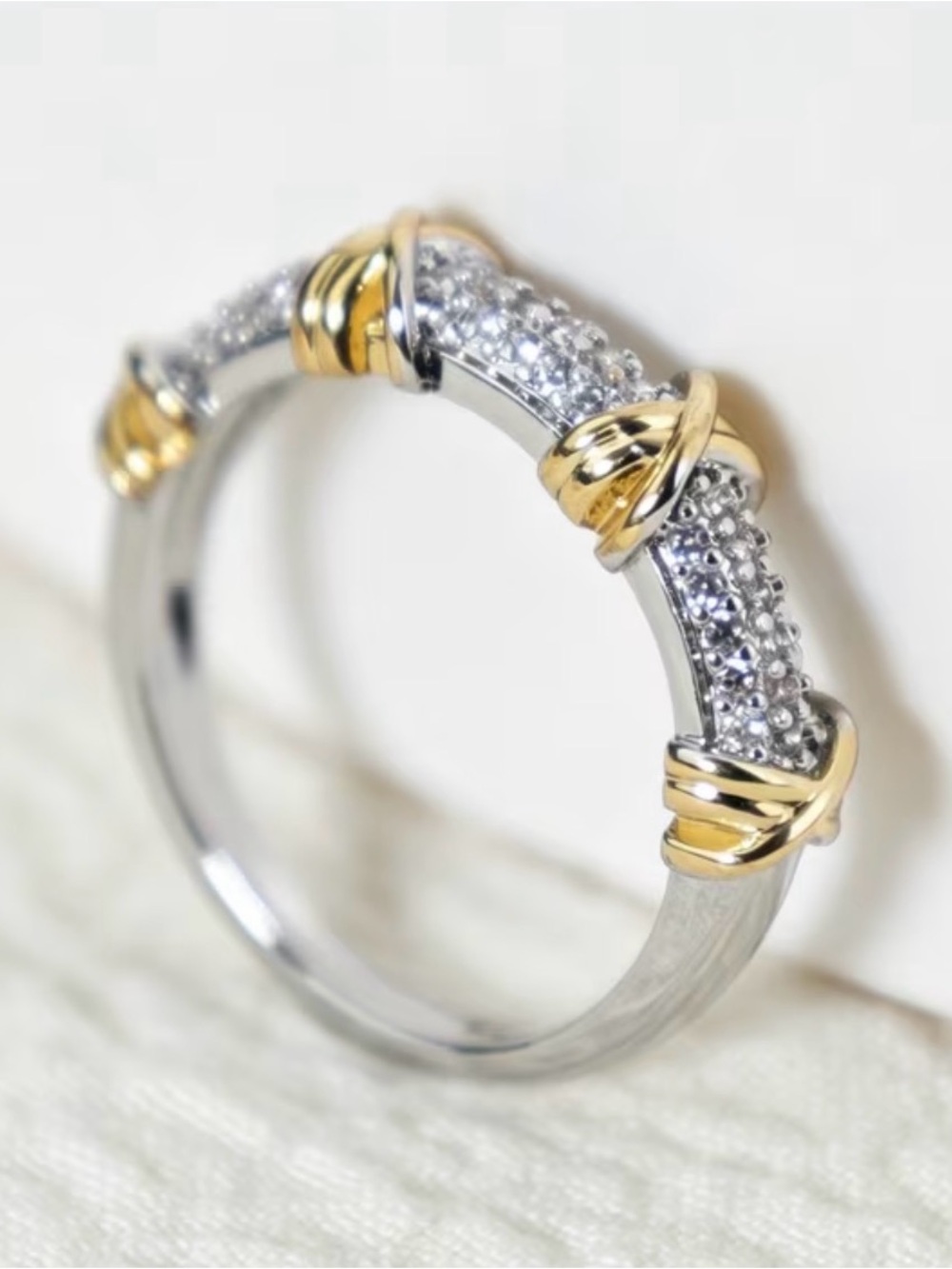 Yurman Style Helena Crossover Two-toned Silver & Gold Accent Pave Diamond Ring